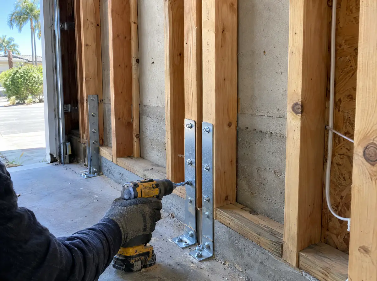 Exposed garage wall with new steel hold-down hardware and doubled studs added for reinforcement, a gloved hand with a drill