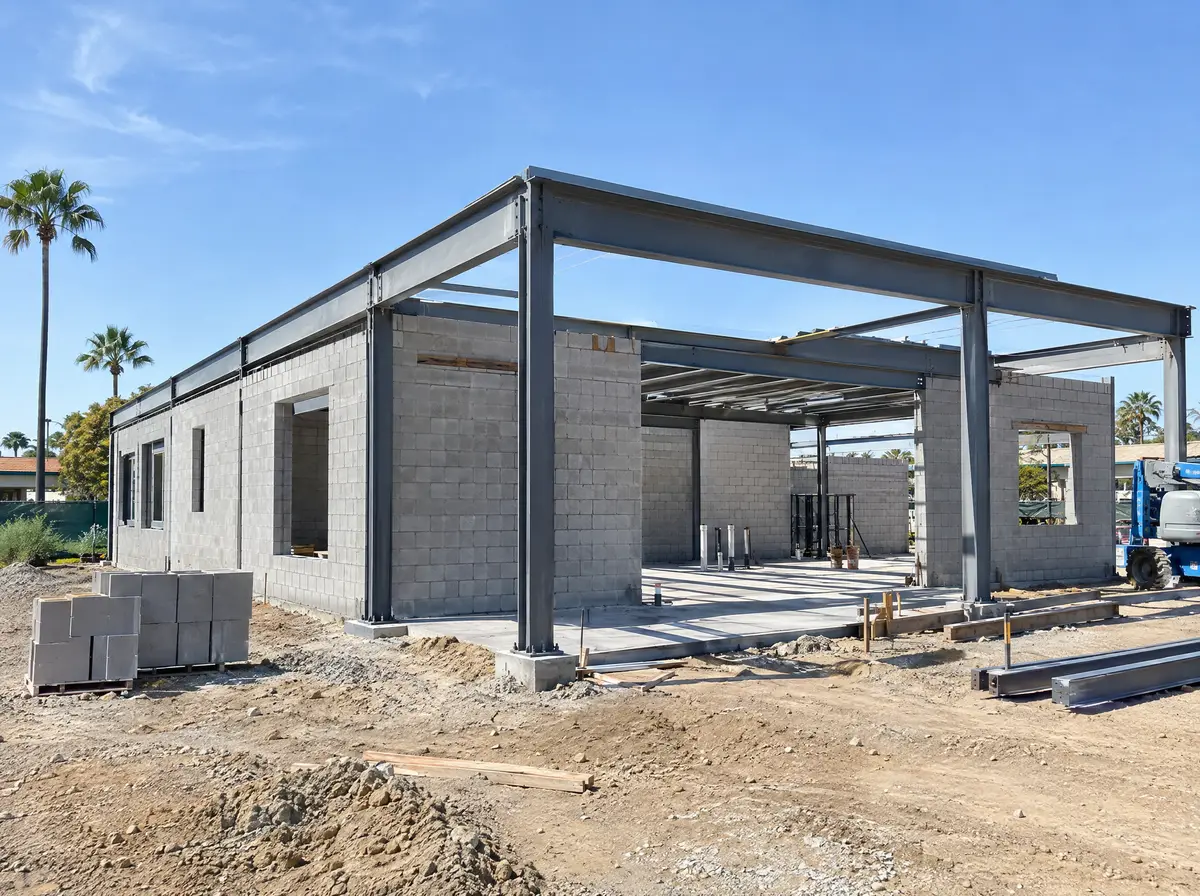Steel columns and CMU block walls of a small single-story commercial building under construction
