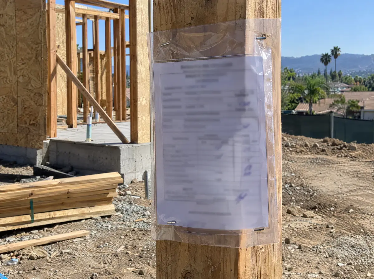 Building permit inspection card in a clear plastic sleeve stapled to a wood post at a construction site
