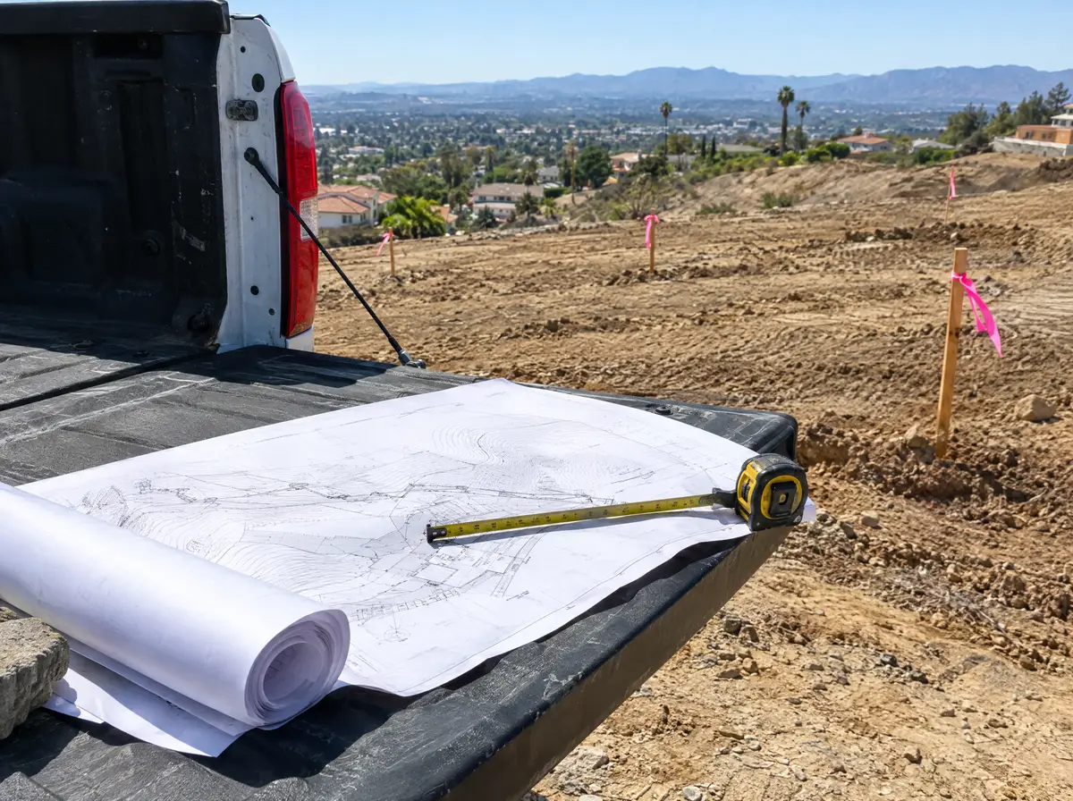 Rolled-out architectural plans held down by a tape measure on the tailgate of a work truck parked at a freshly graded hillside lot, survey stakes with pink ribbon in the dirt behind