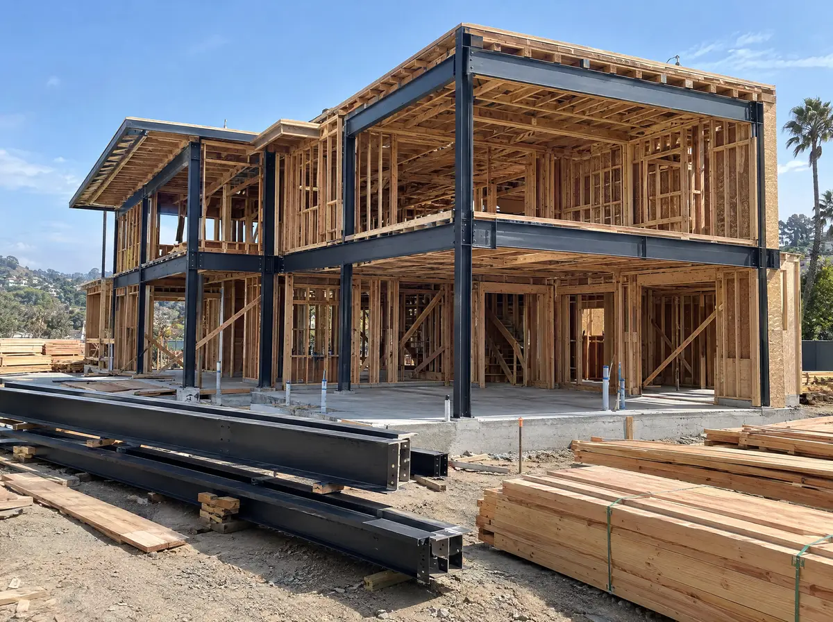 Wood framing and black structural steel beams of a large two-story custom home going up on a concrete slab, lumber stacked on site