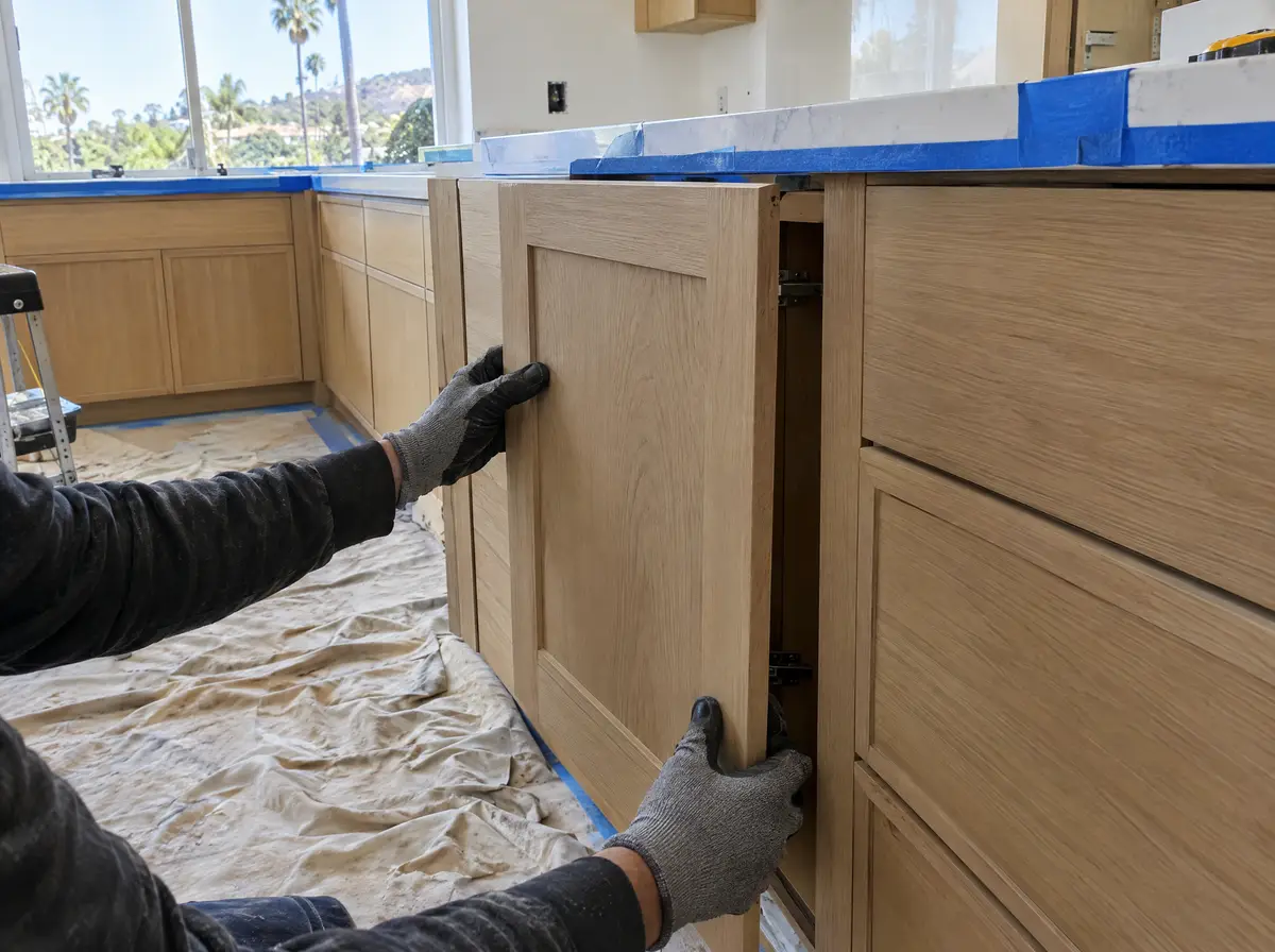 Gloved hands fitting a white oak cabinet door in a nearly finished custom kitchen, blue painter's tape on the quartz counters, drop cloth on the floor