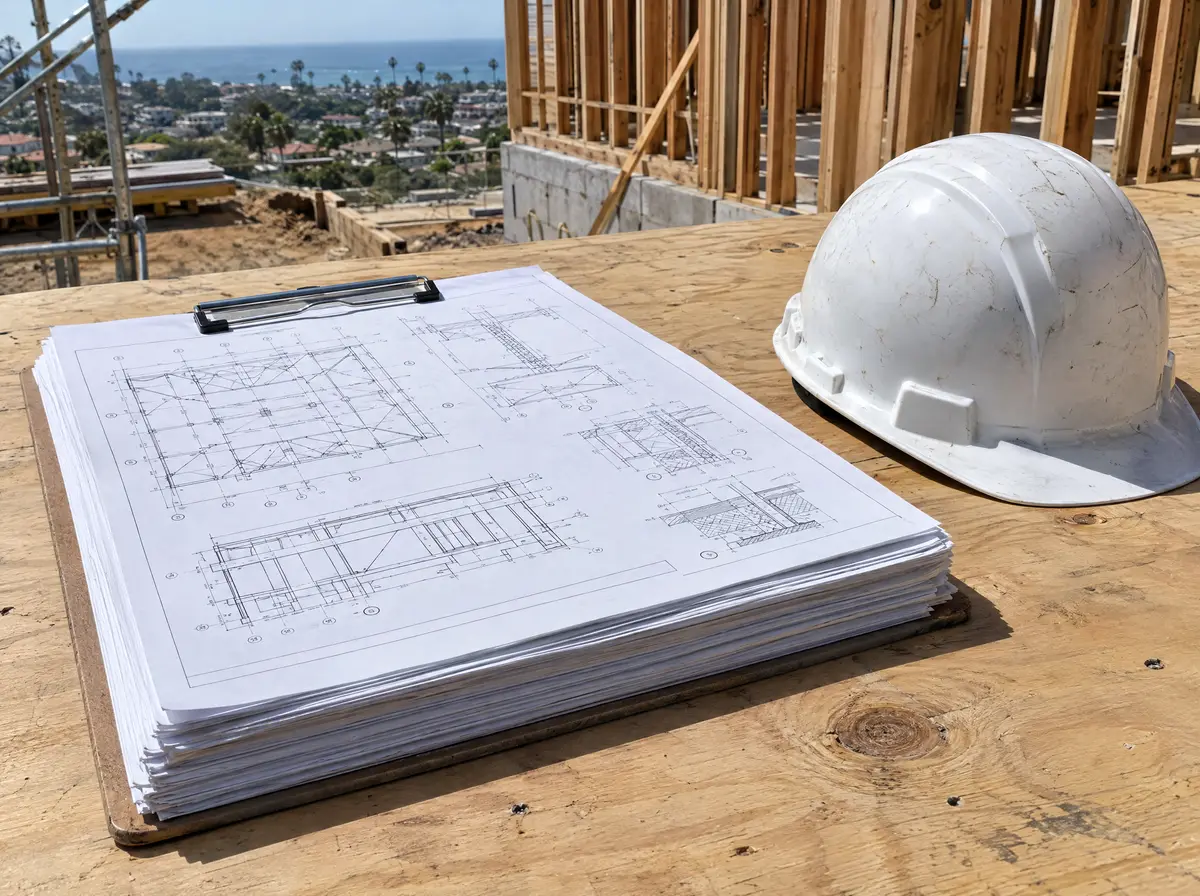 A thick set of construction drawings with structural engineering sheets on a clipboard beside a white hard hat on a plywood table