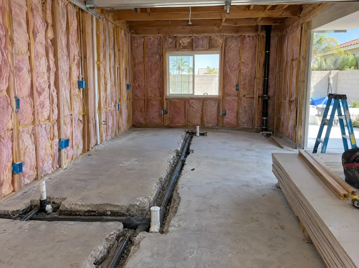 Garage conversion in progress: new drain lines cut into the concrete slab, electrical boxes on studs, insulation batts in the walls