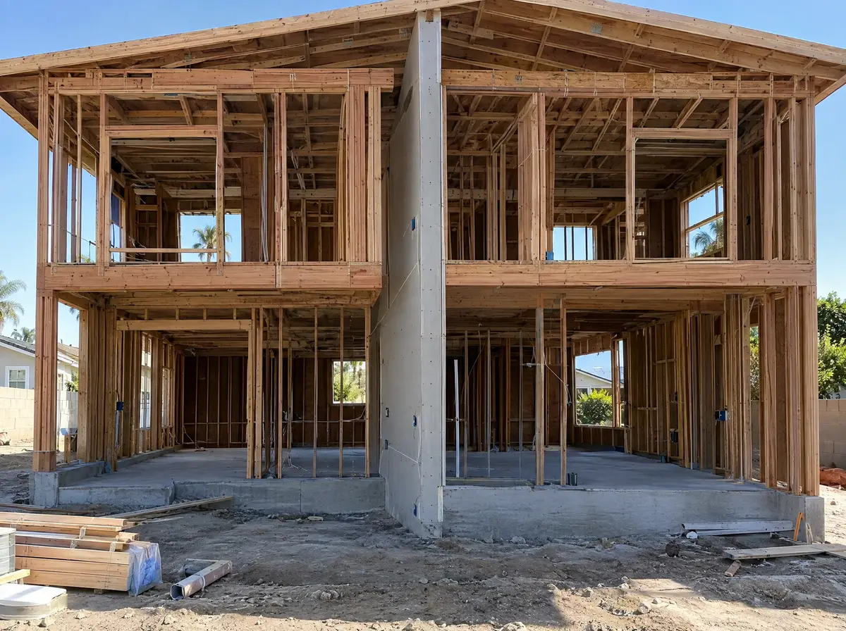 Two-story duplex wood framing with a drywall-wrapped fire separation wall between the units
