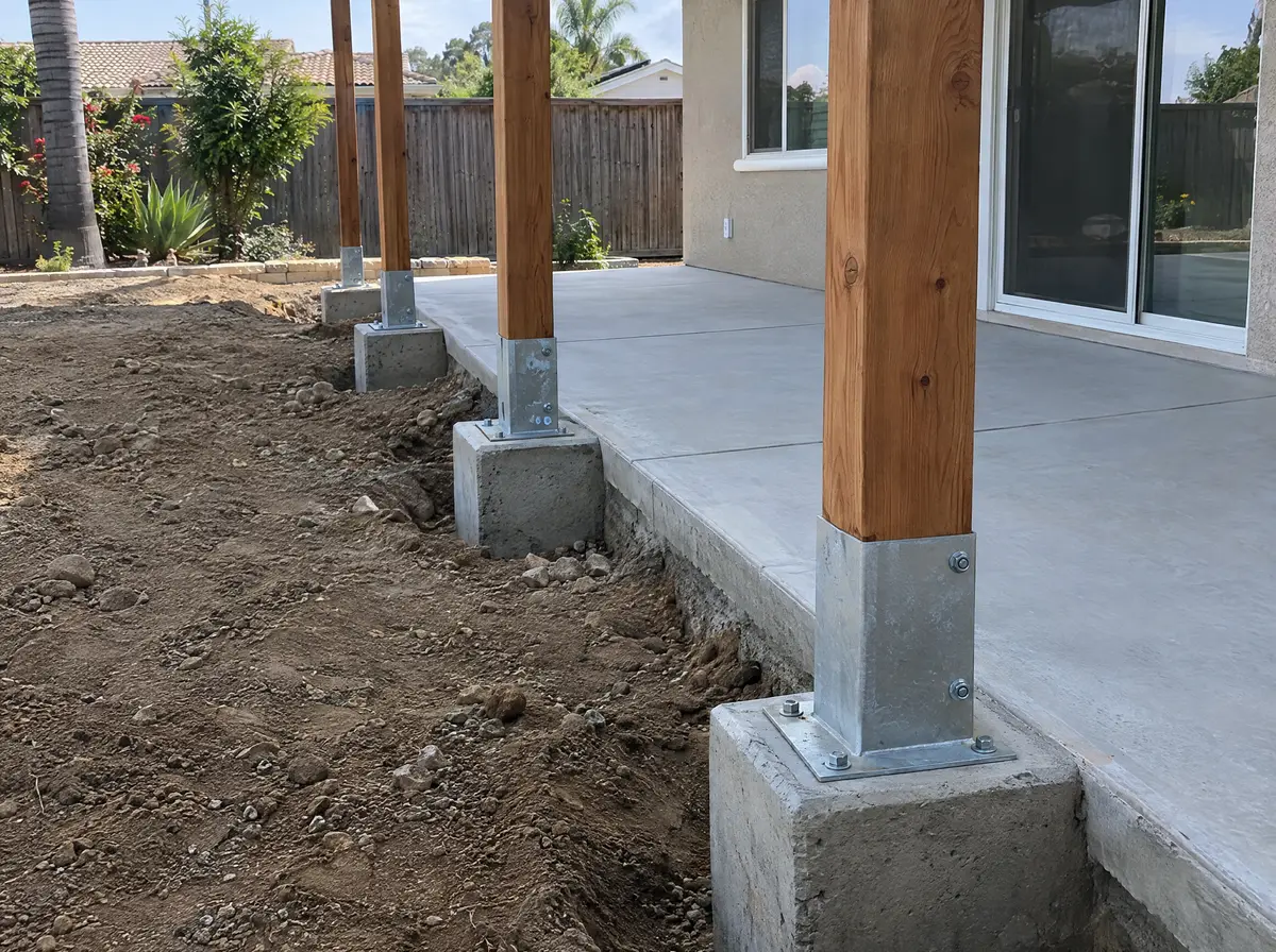Concrete footings and wood posts on metal post bases at the edge of a backyard patio slab