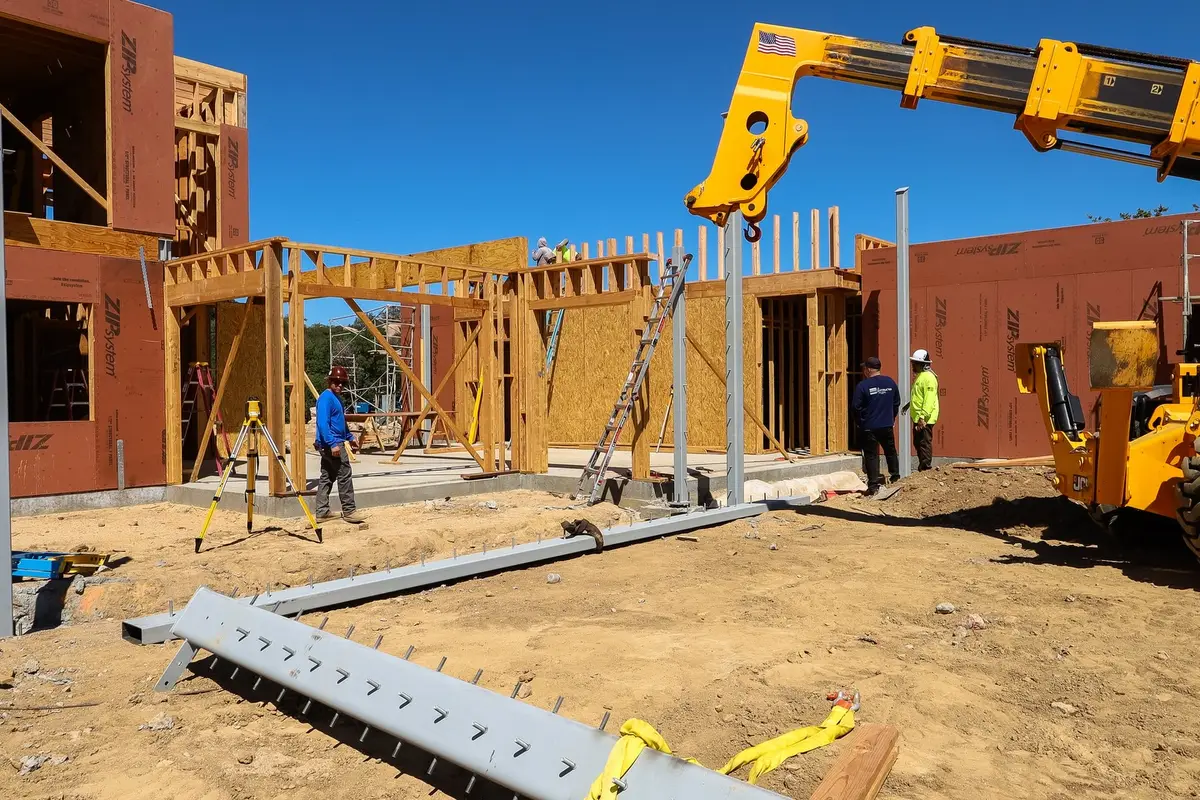Crane setting steel beams next to wood framing: construction services by J.O. Construction in Chino, CA